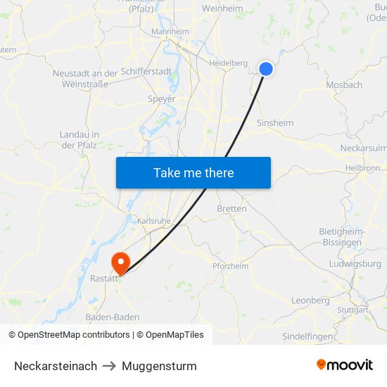 Neckarsteinach to Muggensturm map