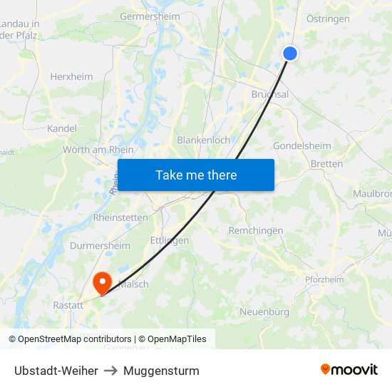Ubstadt-Weiher to Muggensturm map