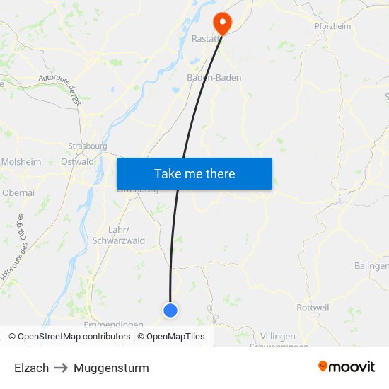 Elzach to Muggensturm map