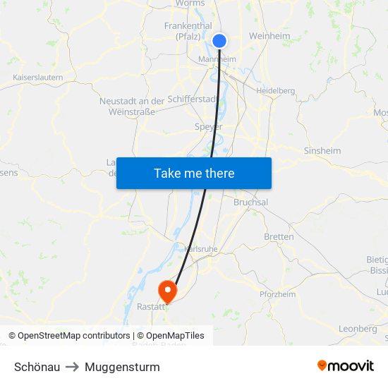 Schönau to Muggensturm map