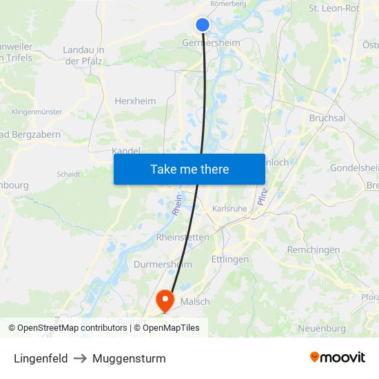 Lingenfeld to Muggensturm map