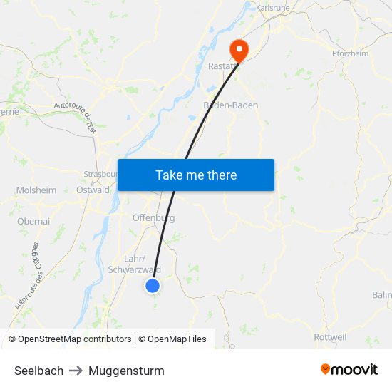 Seelbach to Muggensturm map