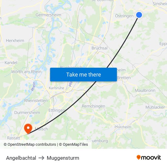 Angelbachtal to Muggensturm map