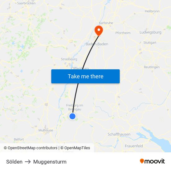 Sölden to Muggensturm map