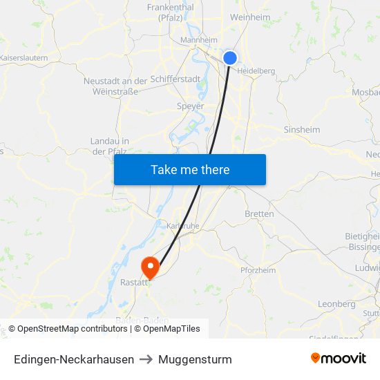 Edingen-Neckarhausen to Muggensturm map