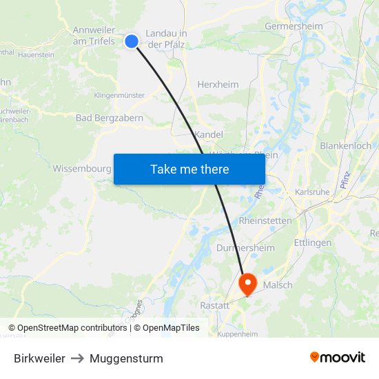 Birkweiler to Muggensturm map