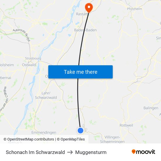Schonach Im Schwarzwald to Muggensturm map