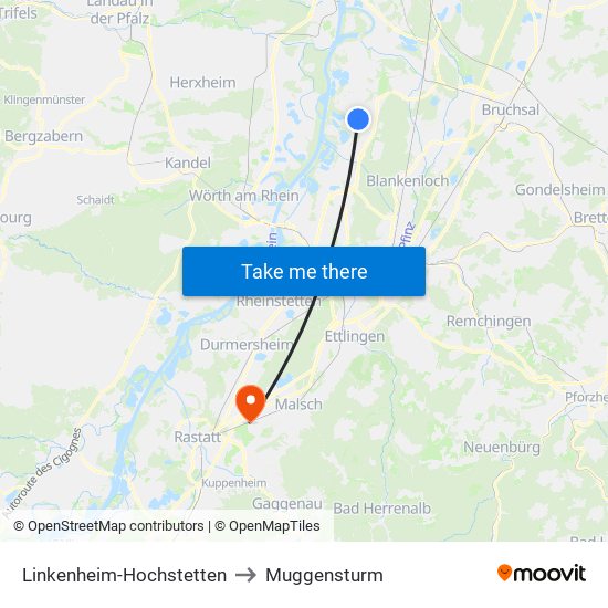 Linkenheim-Hochstetten to Muggensturm map