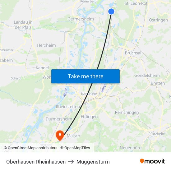 Oberhausen-Rheinhausen to Muggensturm map