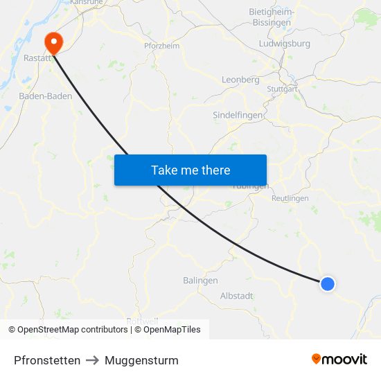Pfronstetten to Muggensturm map
