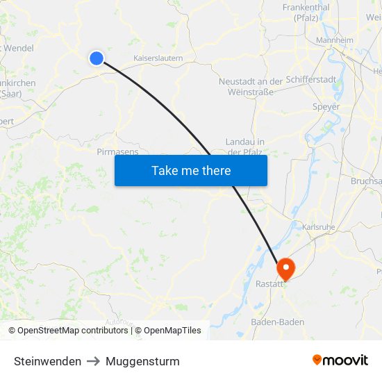 Steinwenden to Muggensturm map