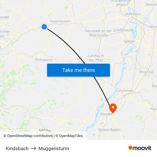 Kindsbach to Muggensturm map