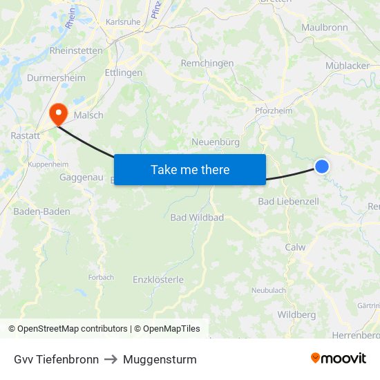 Gvv Tiefenbronn to Muggensturm map