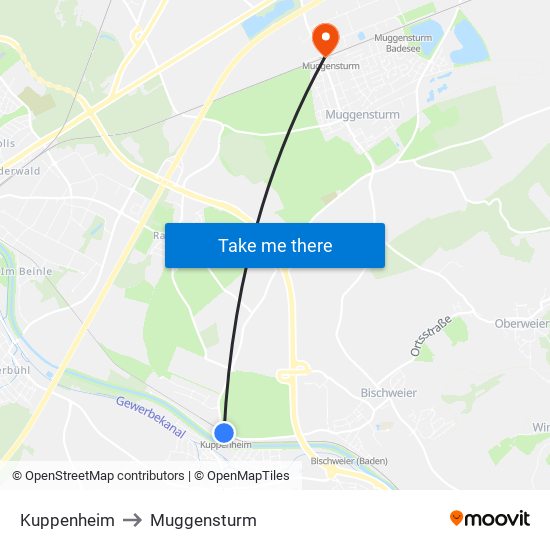 Kuppenheim to Muggensturm map