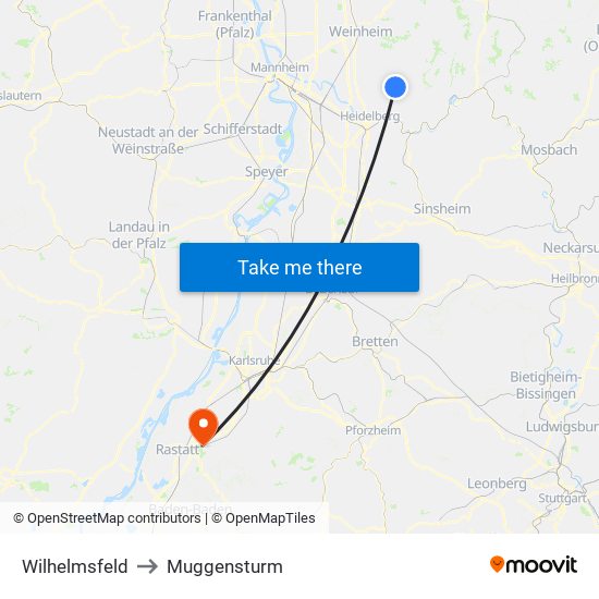 Wilhelmsfeld to Muggensturm map