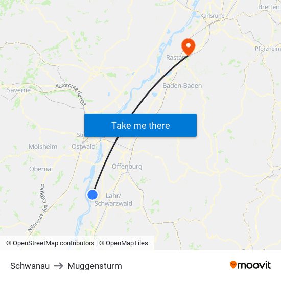 Schwanau to Muggensturm map