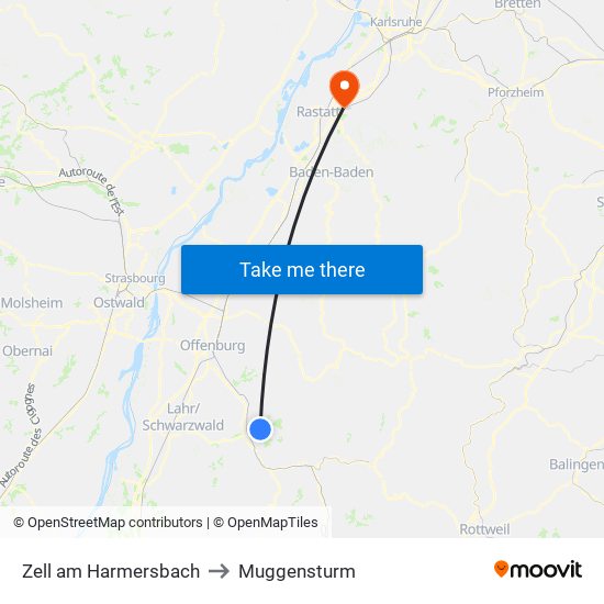 Zell am Harmersbach to Muggensturm map