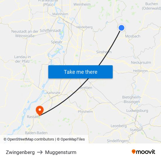 Zwingenberg to Muggensturm map