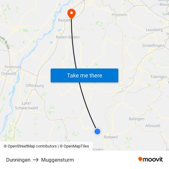 Dunningen to Muggensturm map