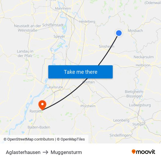 Aglasterhausen to Muggensturm map