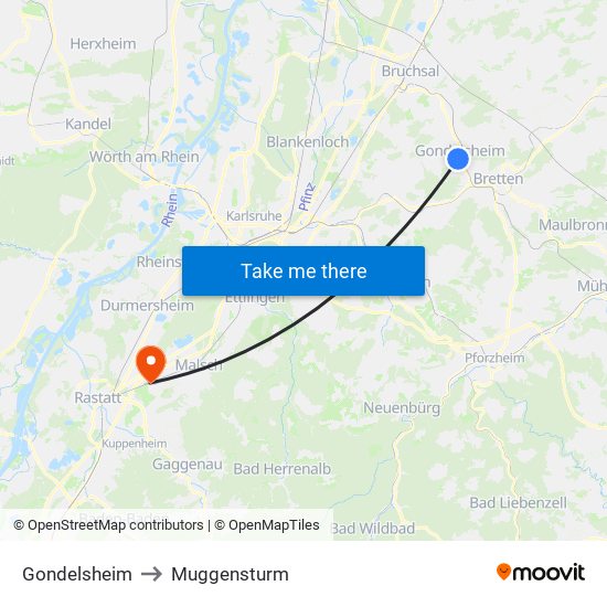 Gondelsheim to Muggensturm map