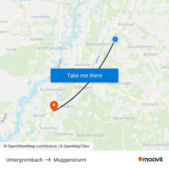 Untergrombach to Muggensturm map