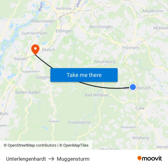 Unterlengenhardt to Muggensturm map