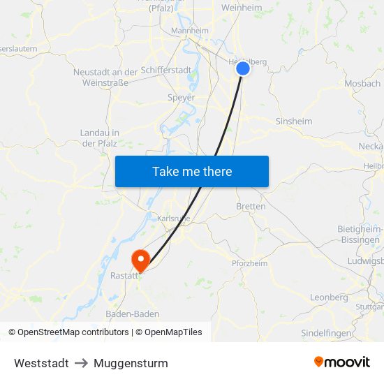 Weststadt to Muggensturm map