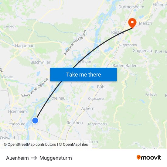 Auenheim to Muggensturm map