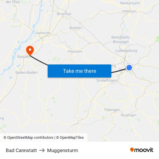 Bad Cannstatt to Muggensturm map