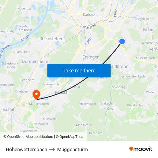 Hohenwettersbach to Muggensturm map