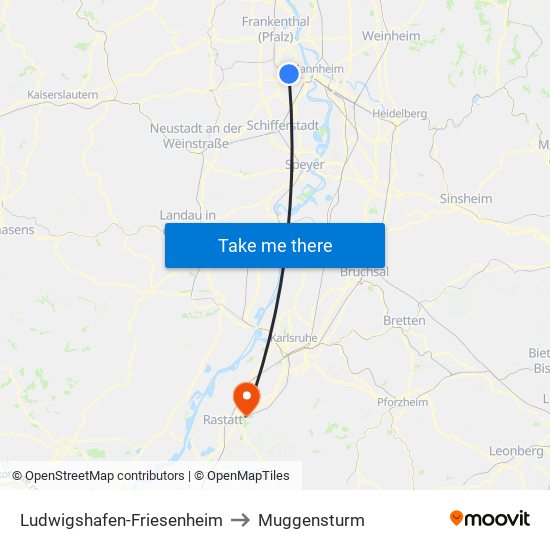 Ludwigshafen-Friesenheim to Muggensturm map