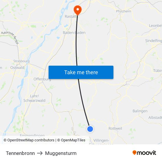 Tennenbronn to Muggensturm map