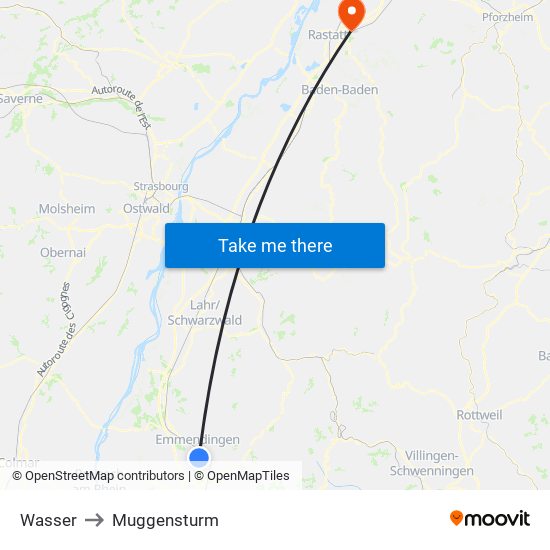 Wasser to Muggensturm map