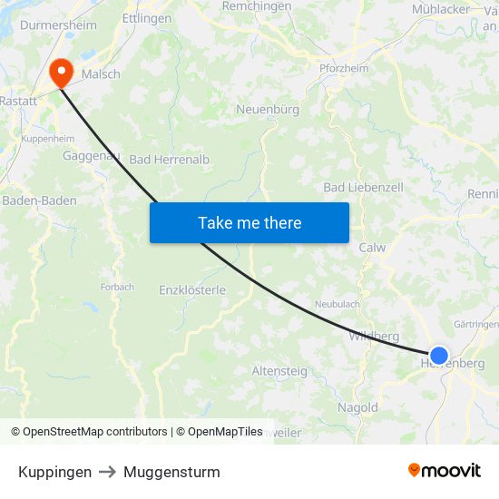 Kuppingen to Muggensturm map