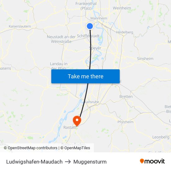 Ludwigshafen-Maudach to Muggensturm map