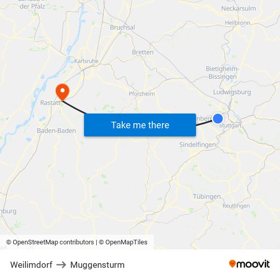 Weilimdorf to Muggensturm map