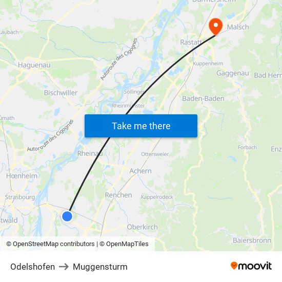 Odelshofen to Muggensturm map