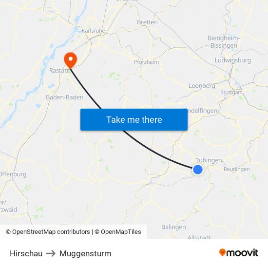 Hirschau to Muggensturm map