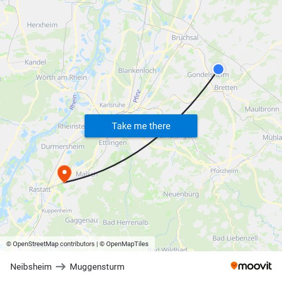 Neibsheim to Muggensturm map