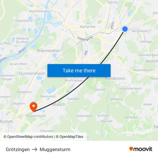 Grötzingen to Muggensturm map