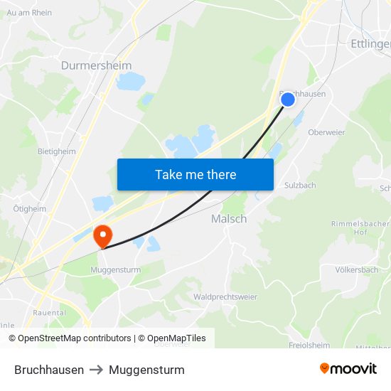 Bruchhausen to Muggensturm map