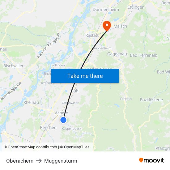 Oberachern to Muggensturm map