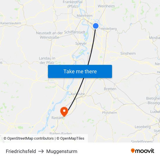 Friedrichsfeld to Muggensturm map