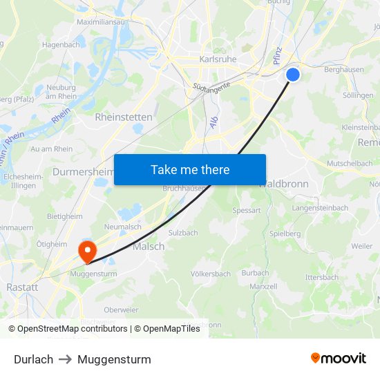 Durlach to Muggensturm map