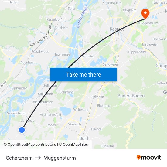 Scherzheim to Muggensturm map