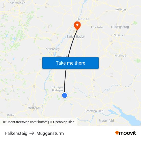 Falkensteig to Muggensturm map