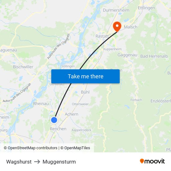 Wagshurst to Muggensturm map