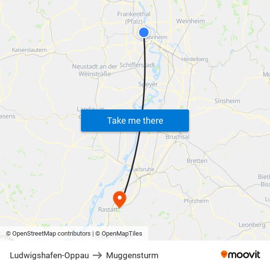 Ludwigshafen-Oppau to Muggensturm map
