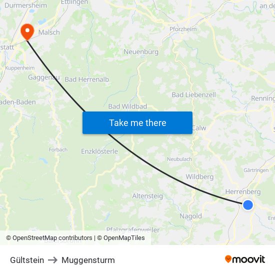 Gültstein to Muggensturm map